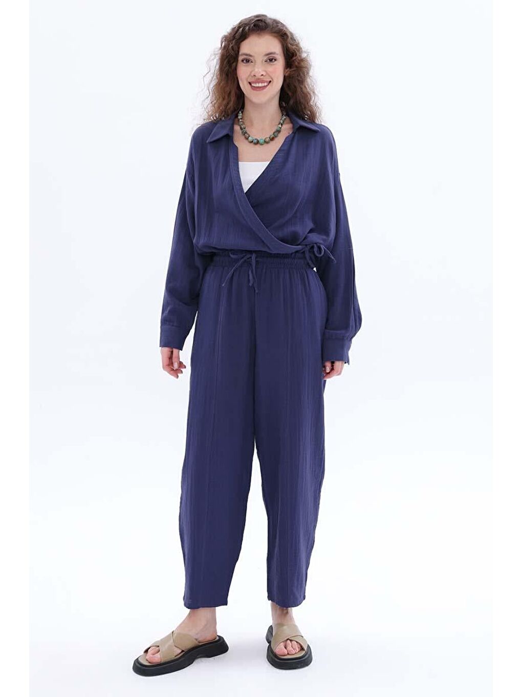 İndigo-%100 Pamuklu Cepli Müslin Pantolon-1