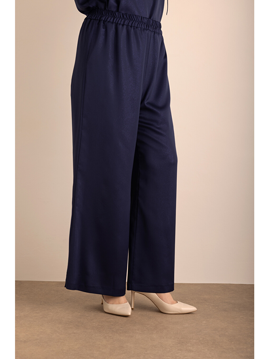 Lacivert Beli Lastikli Varak Dokuma Kumaş Pantolon-4