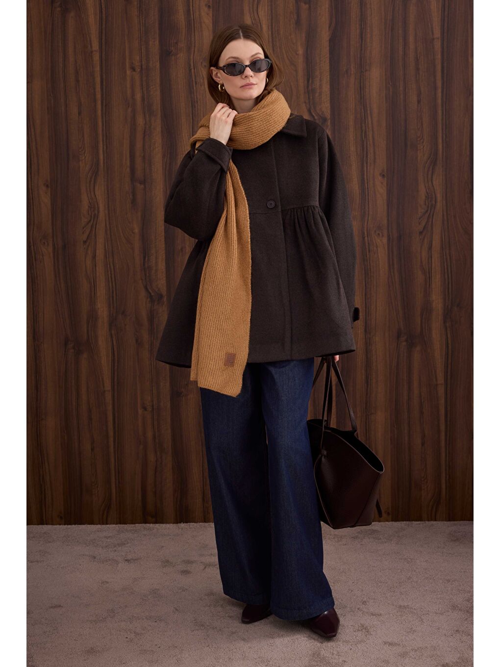 Kahverengi Büzgü Detaylı Kaban Kahve-2