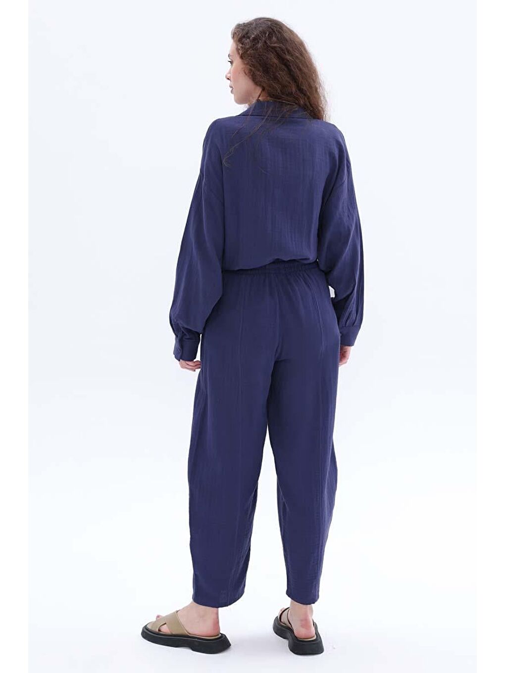 İndigo-%100 Pamuklu Cepli Müslin Pantolon-3