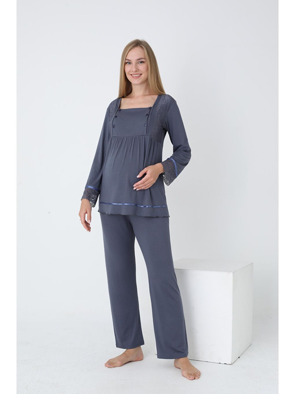 Gri Uzun Kol Füme Hamile ve Lohusa Pijama Takımı-2