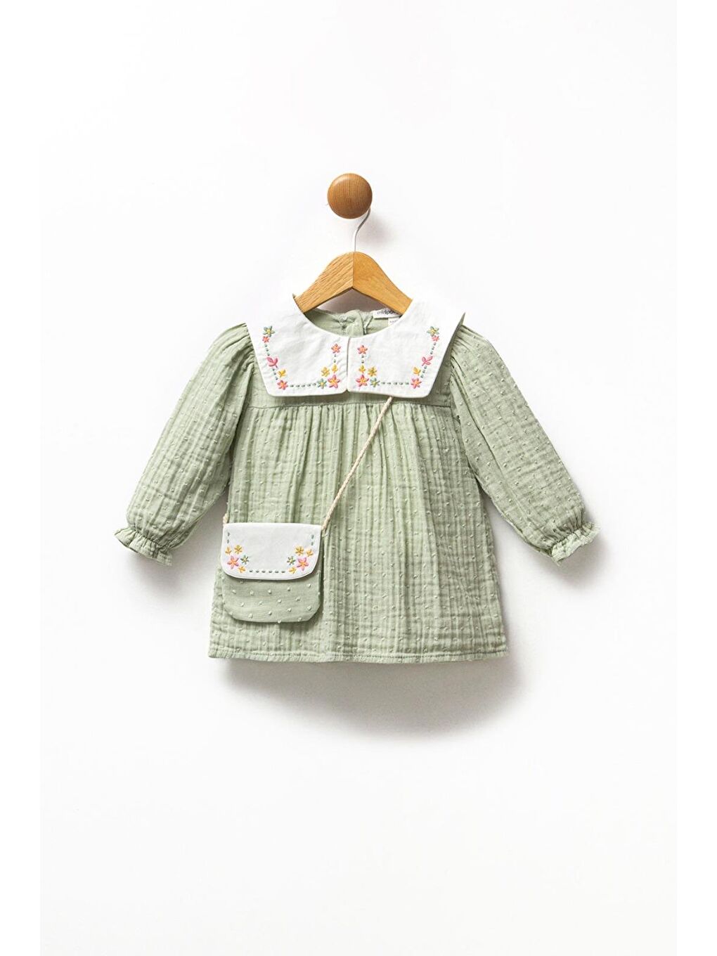Kız Çocuk Pamuklu Müslin Yeşil Nakışlı Gömlek Yaka Elbise-1