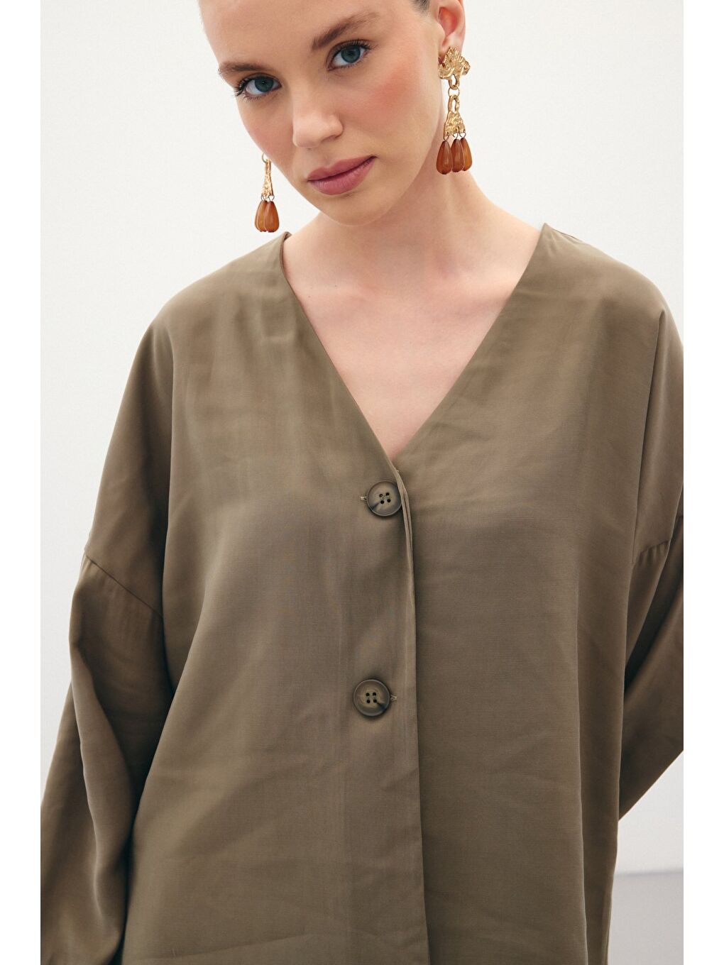 Düğmeli Kimono - Haki-5