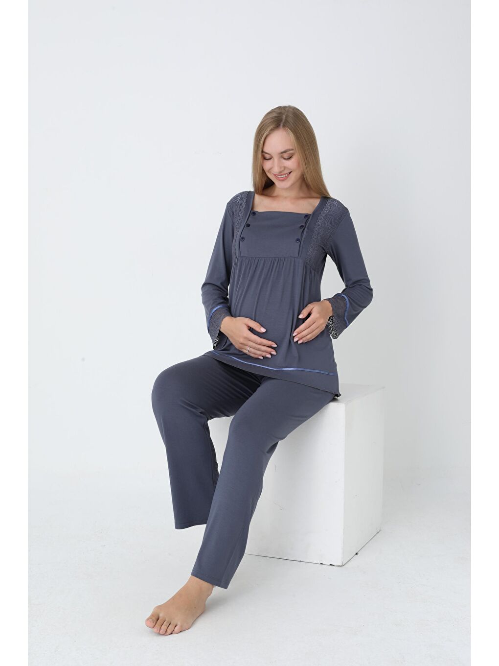 Gri Uzun Kol Füme Hamile ve Lohusa Pijama Takımı-3