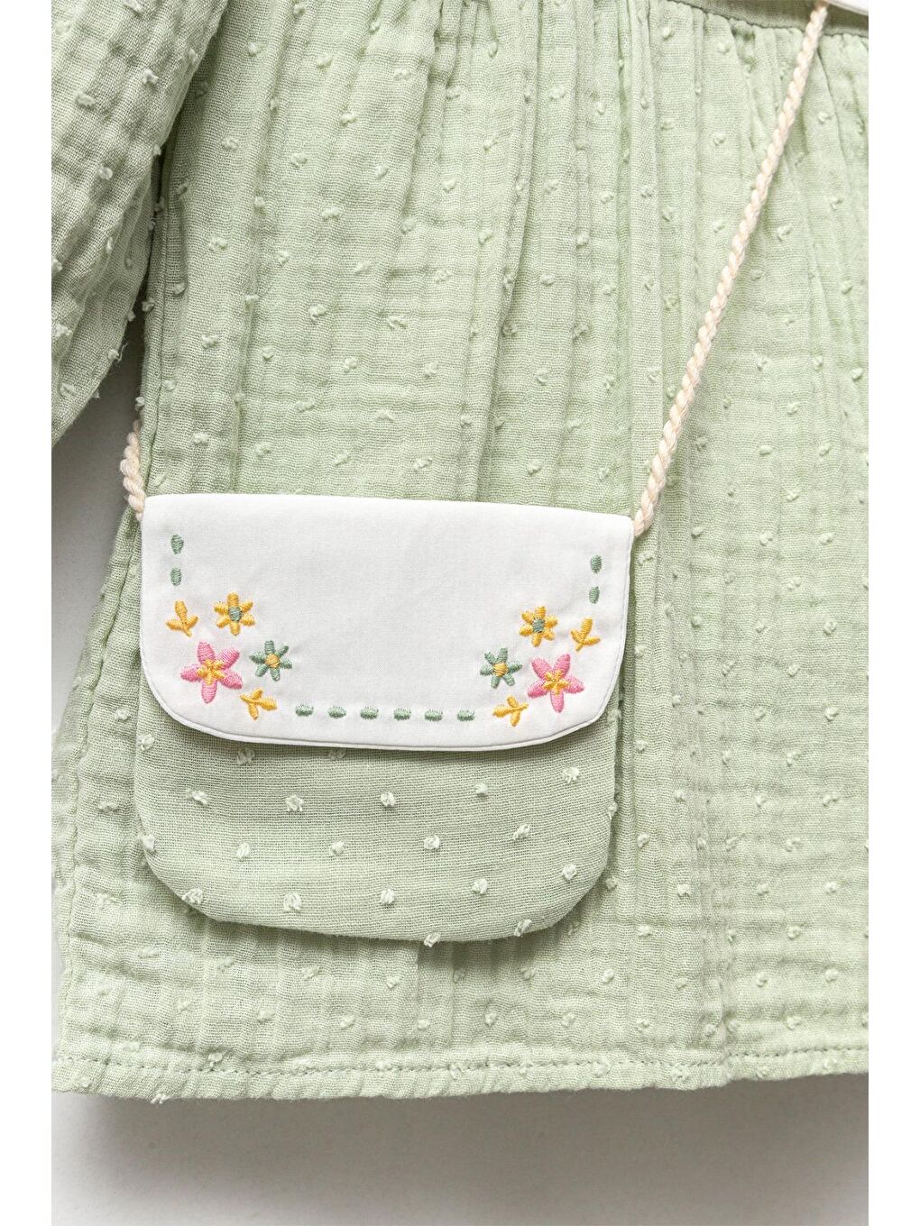 Kız Çocuk Pamuklu Müslin Yeşil Nakışlı Gömlek Yaka Elbise-2