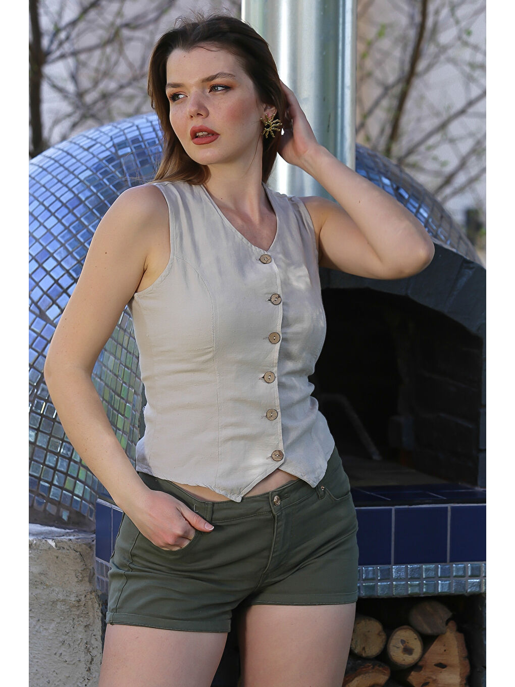 Bej V Yaka Düğmeli Yıkamalı Kulplu Casual Fitted Dokuma Yelek 55 45-3