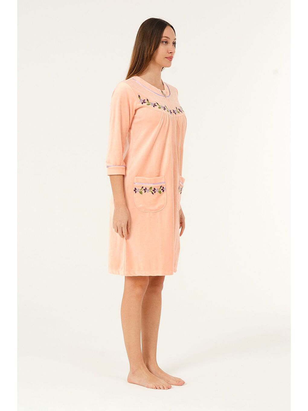 Turuncu Kadın Fermuarlı Nakış Detaylı Pamuklu Kadife Elbise-1