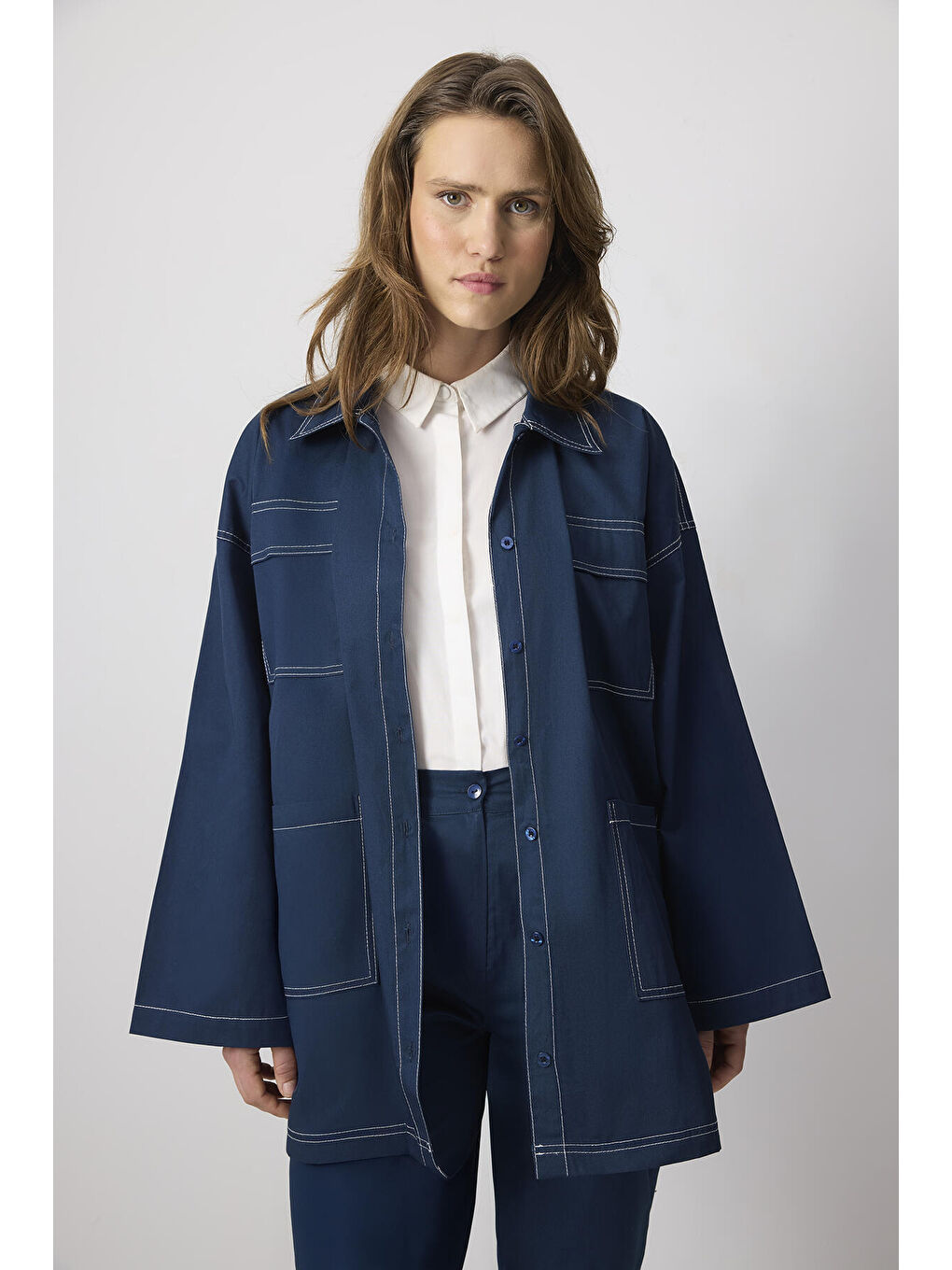 Lacivert %100 Pamuklu Kontrast Dikişli Ceket Pantolon Takım-2