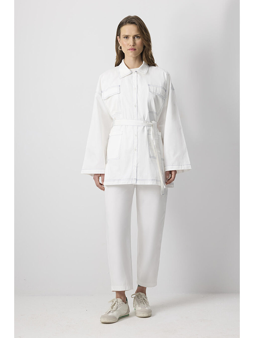 Ekru %100 Pamuklu Kontrast Dikişli Ceket Pantolon Takım