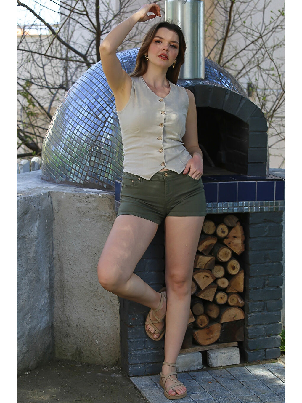 Bej V Yaka Düğmeli Yıkamalı Kulplu Casual Fitted Dokuma Yelek 55 45-6