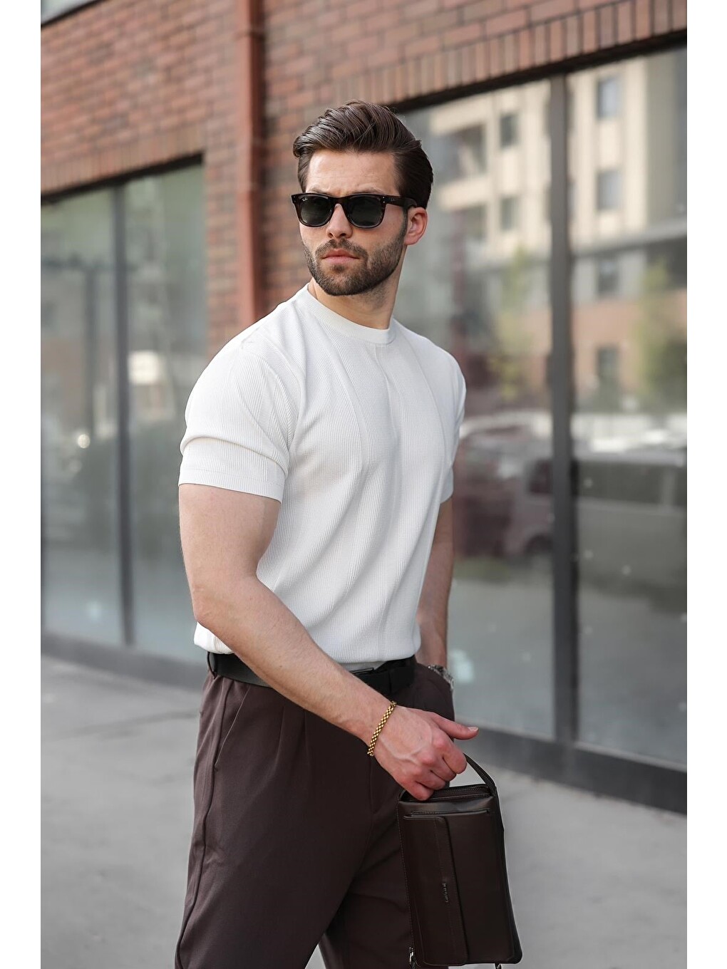 Beyaz Regular Fit Bisiklet Yaka Fitilli Triko Erkek Tişört E7490