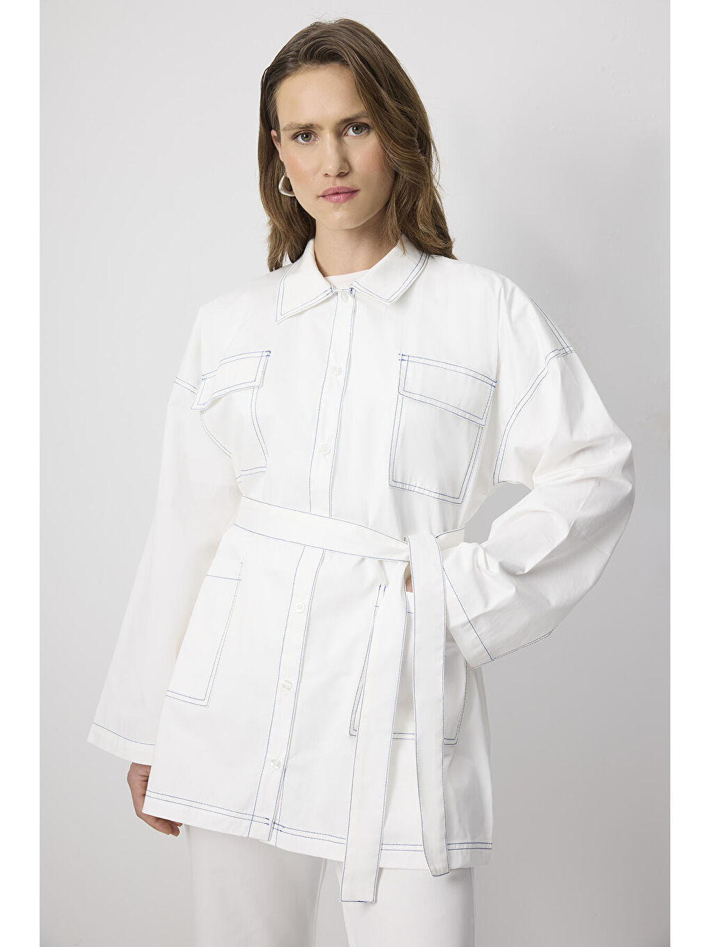 Ekru %100 Pamuklu Kontrast Dikişli Ceket Pantolon Takım-1