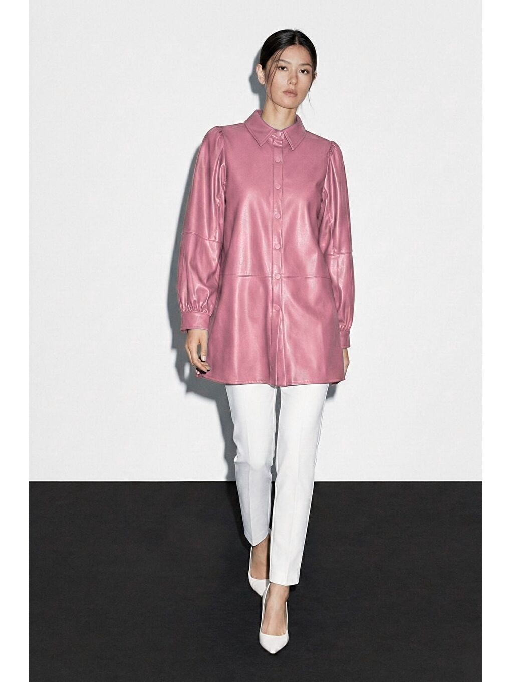 Çıt çıtlı Deri Görünümlü Pembe Gömlek-1