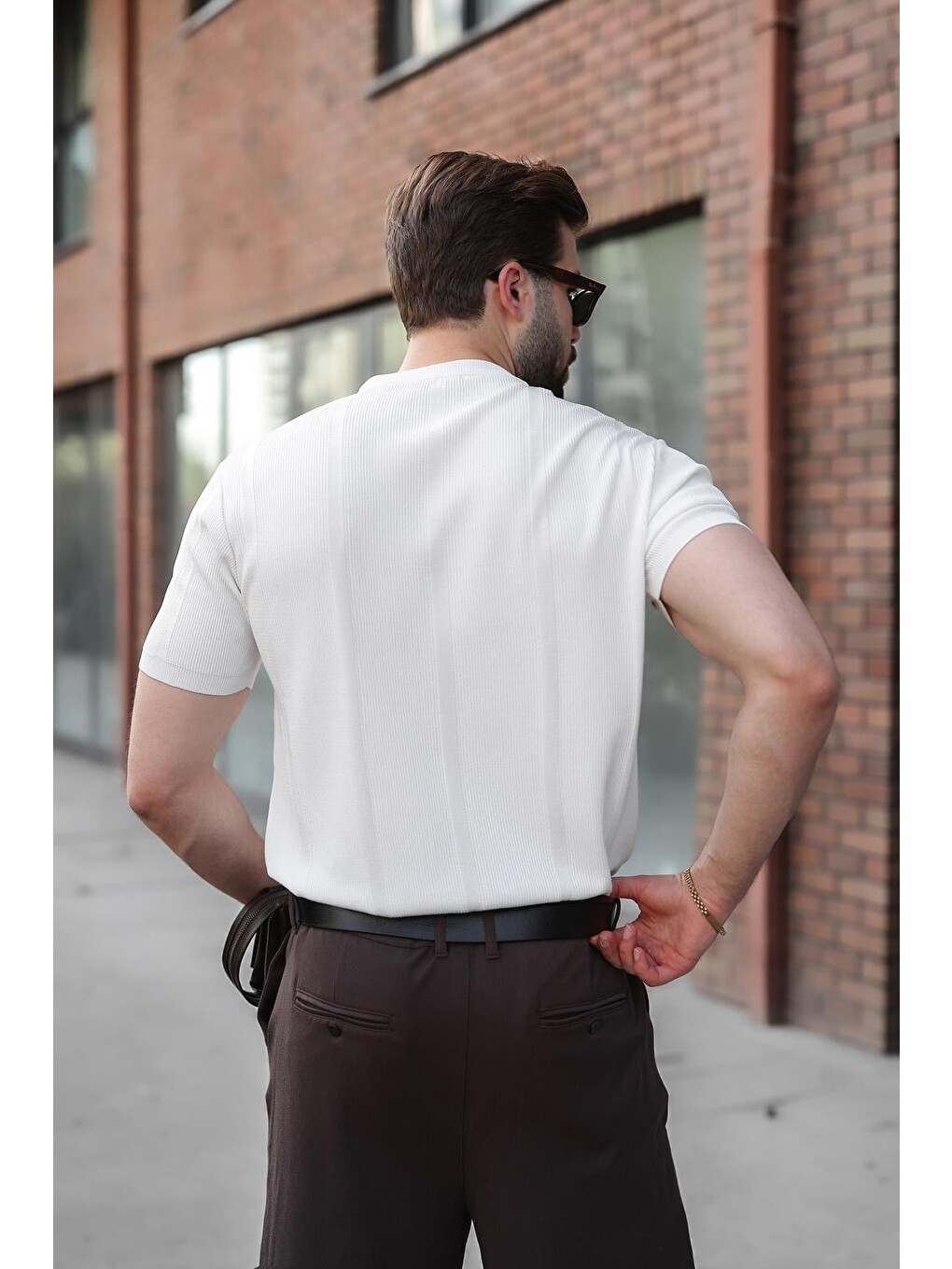 Beyaz Regular Fit Bisiklet Yaka Fitilli Triko Erkek Tişört E7490-2