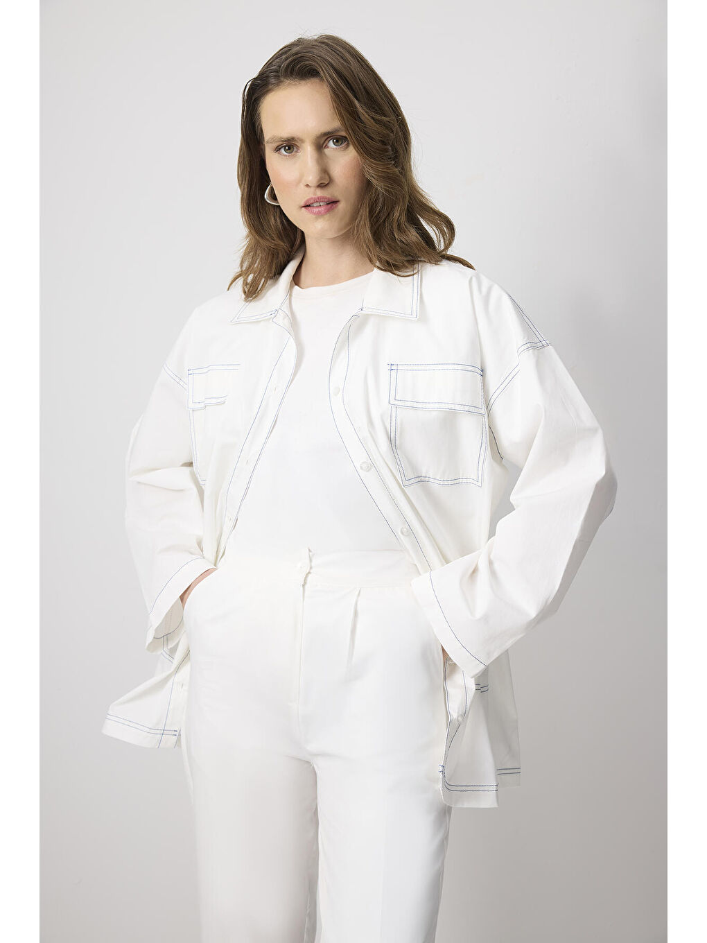 Ekru %100 Pamuklu Kontrast Dikişli Ceket Pantolon Takım-2