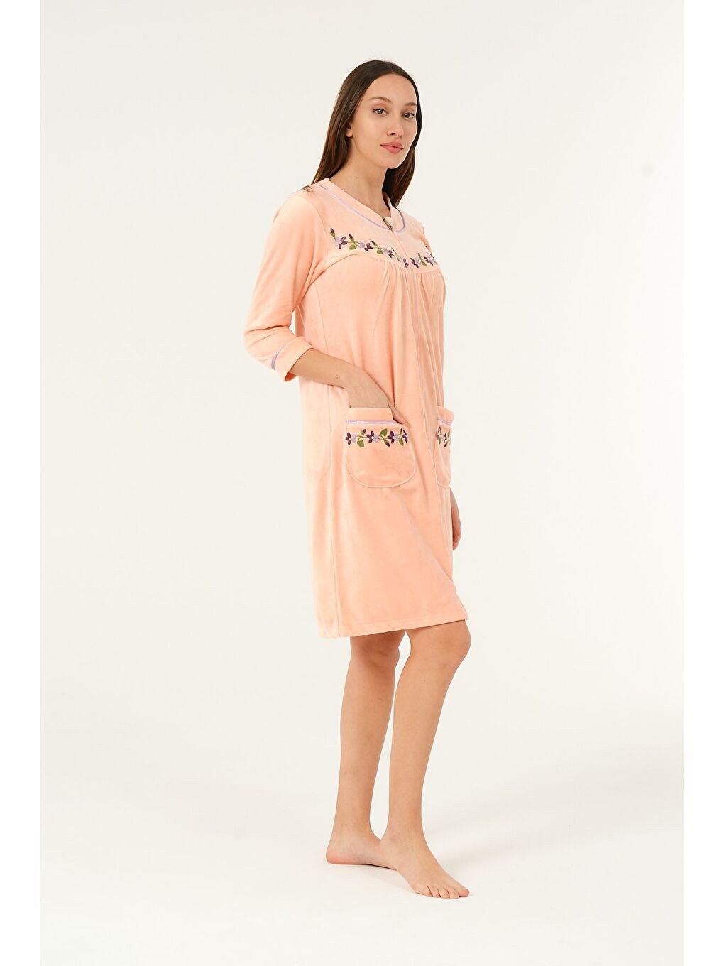 Turuncu Kadın Fermuarlı Nakış Detaylı Pamuklu Kadife Elbise-2