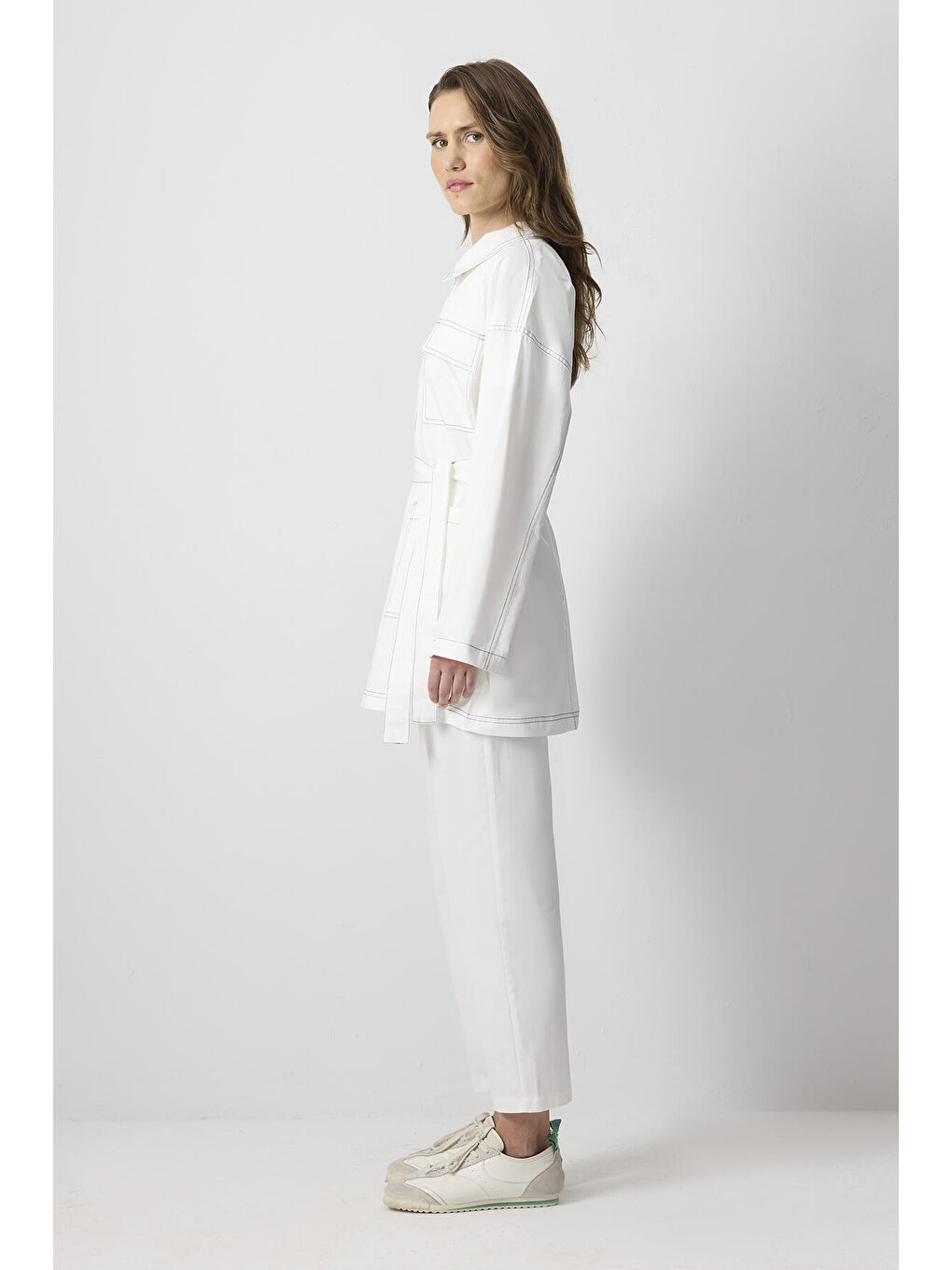 Ekru %100 Pamuklu Kontrast Dikişli Ceket Pantolon Takım-3