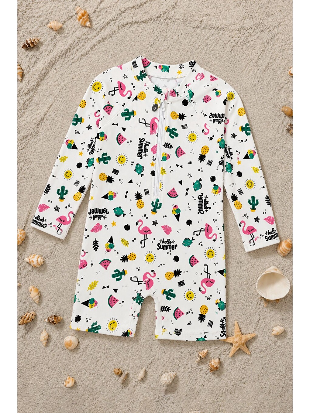 Ekru Flamingo Desenli Uzun Kollu Kız Bebek Fermuarlı Tulum Mayo-1