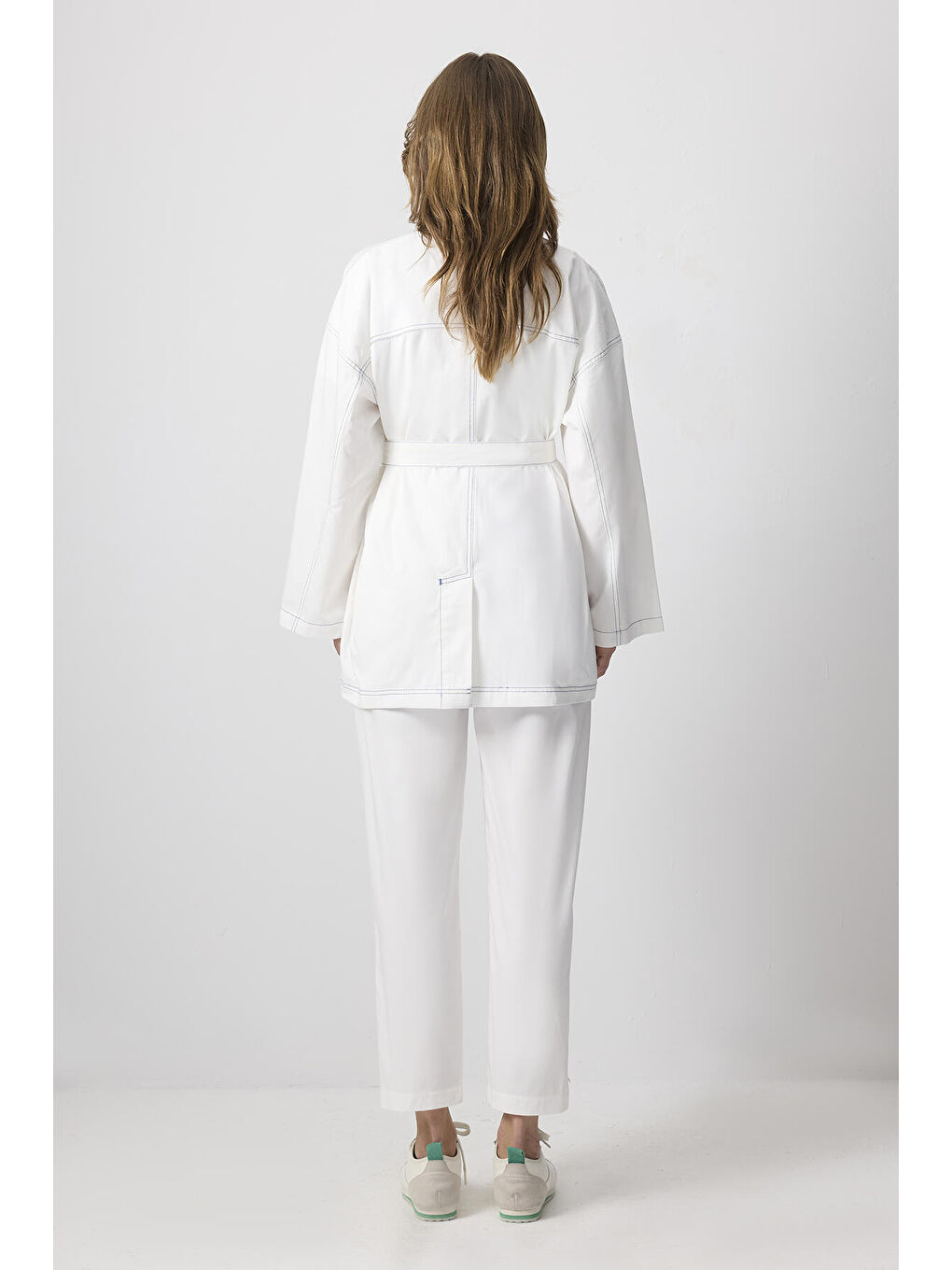 Ekru %100 Pamuklu Kontrast Dikişli Ceket Pantolon Takım-4