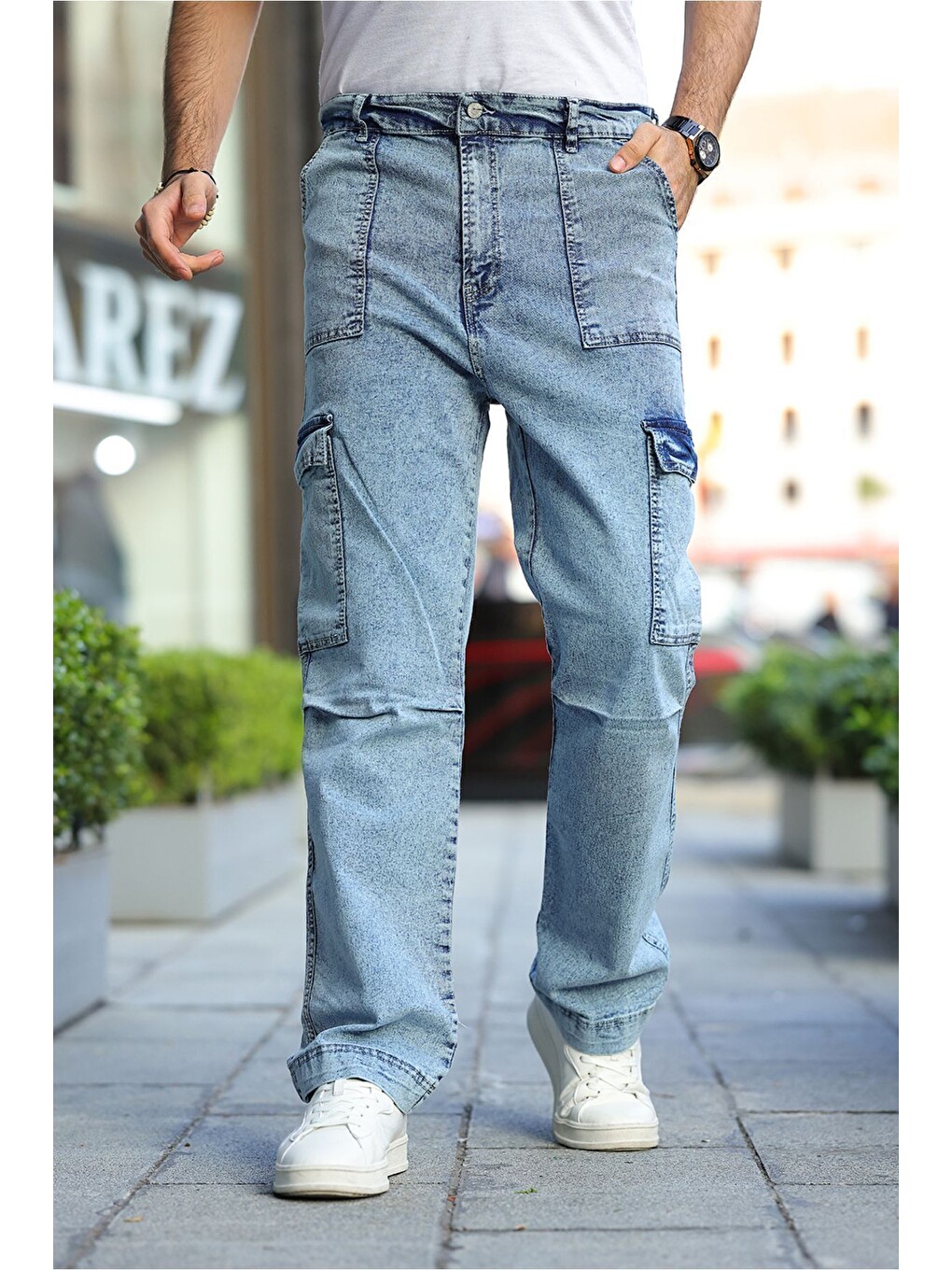 Beyaz Yan Cepli Kargo Baggy Pantolon