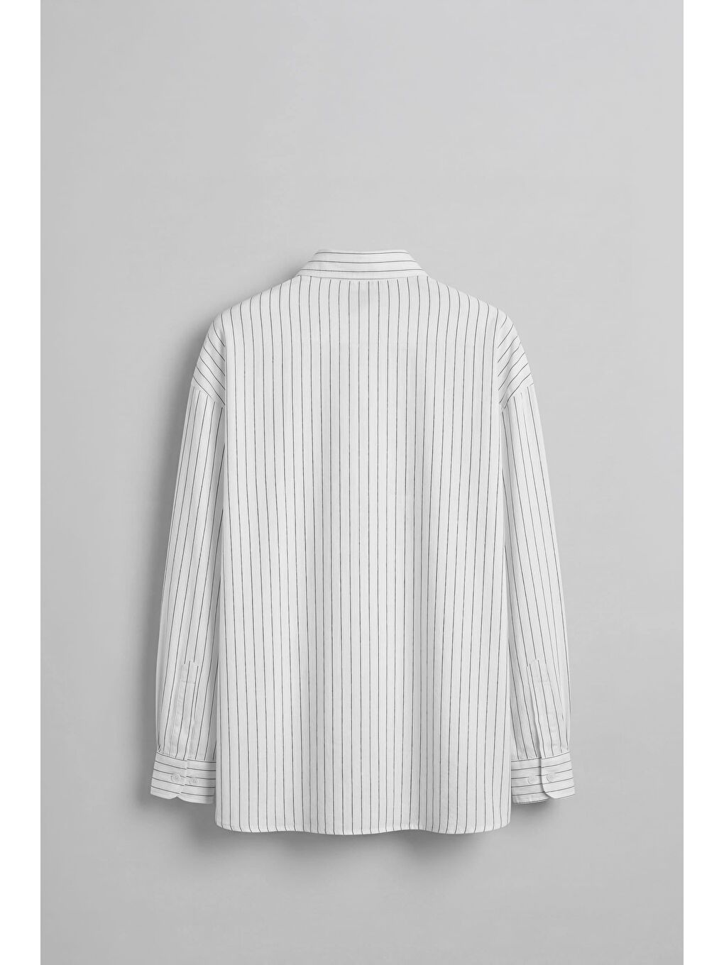 Erkek Oversize Çizgili Keten Karışımlı Uzun Kollu Gömlek Beyaz-1