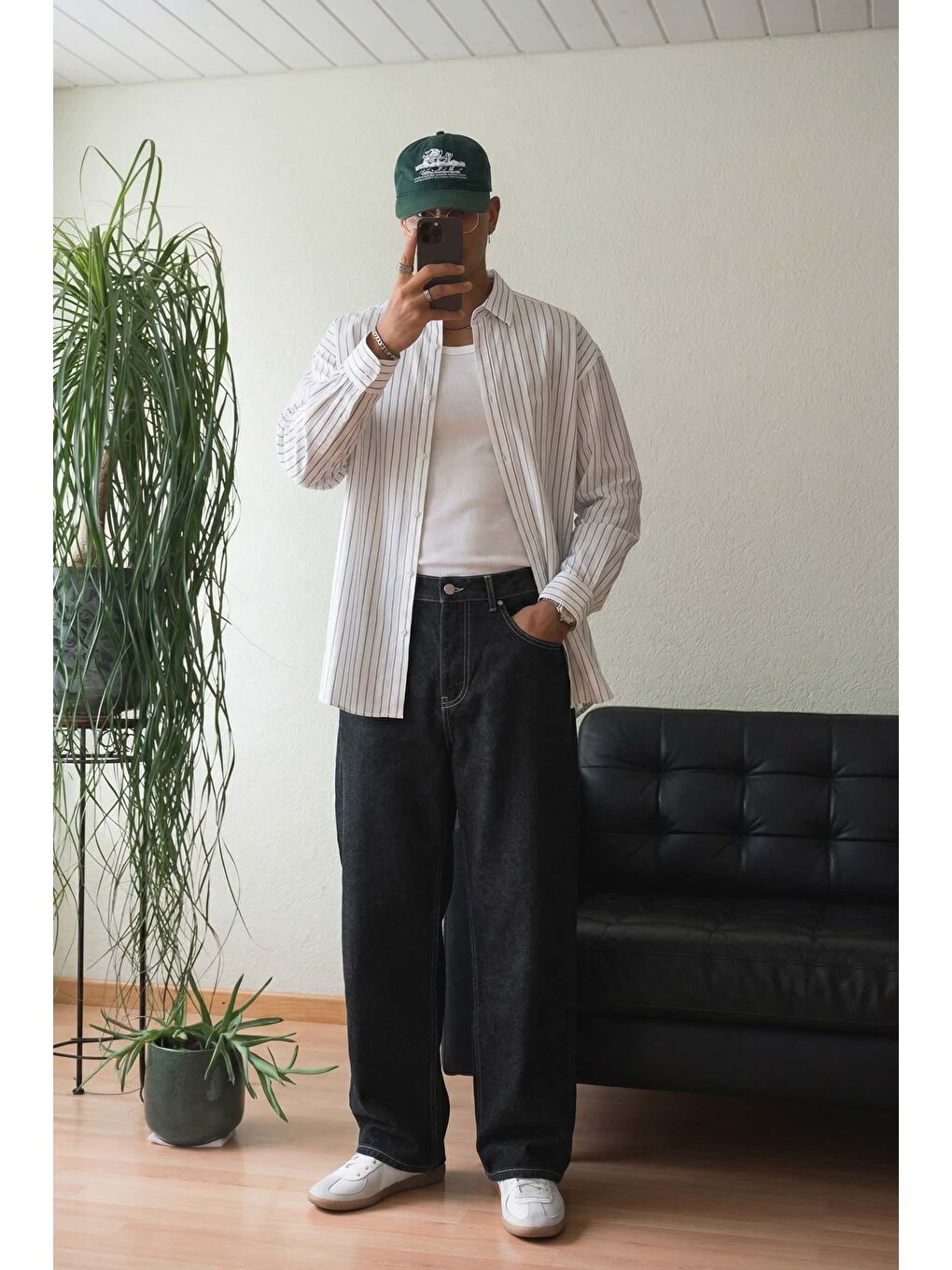 Erkek Oversize Çizgili Keten Karışımlı Uzun Kollu Gömlek Beyaz-2