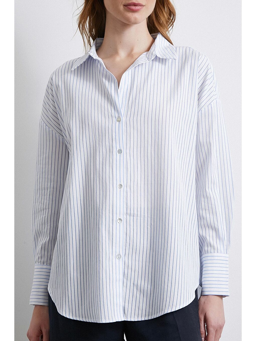 Kontrast Çizgili Gömlek Beyaz-1