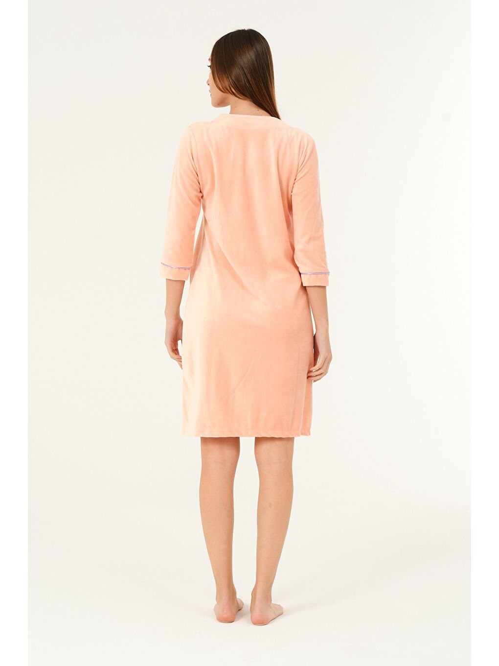 Turuncu Kadın Fermuarlı Nakış Detaylı Pamuklu Kadife Elbise-3