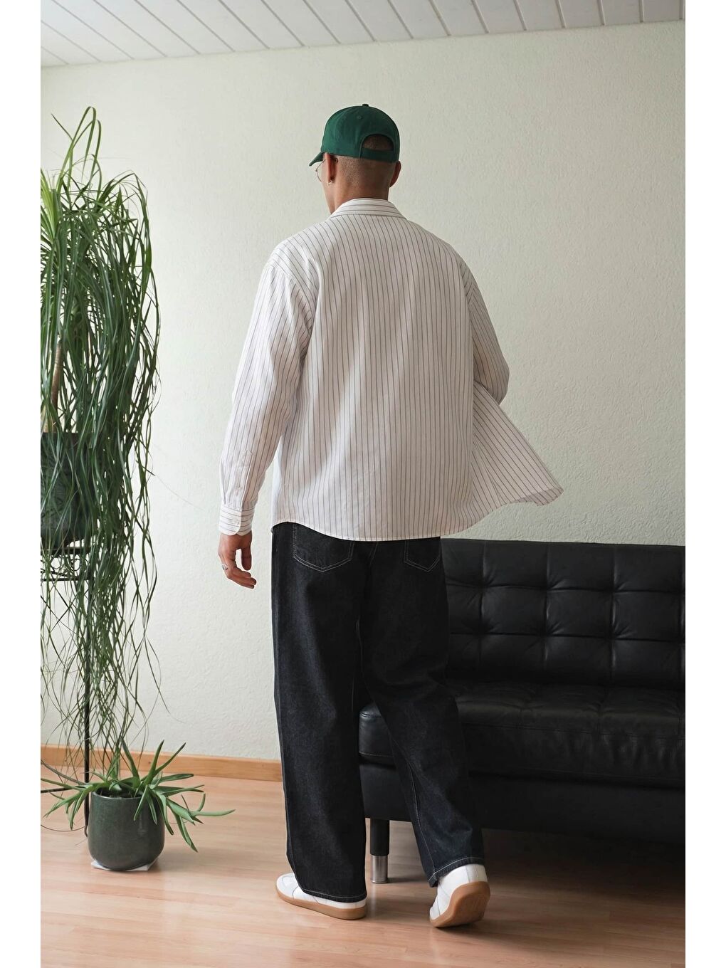 Erkek Oversize Çizgili Keten Karışımlı Uzun Kollu Gömlek Beyaz-3