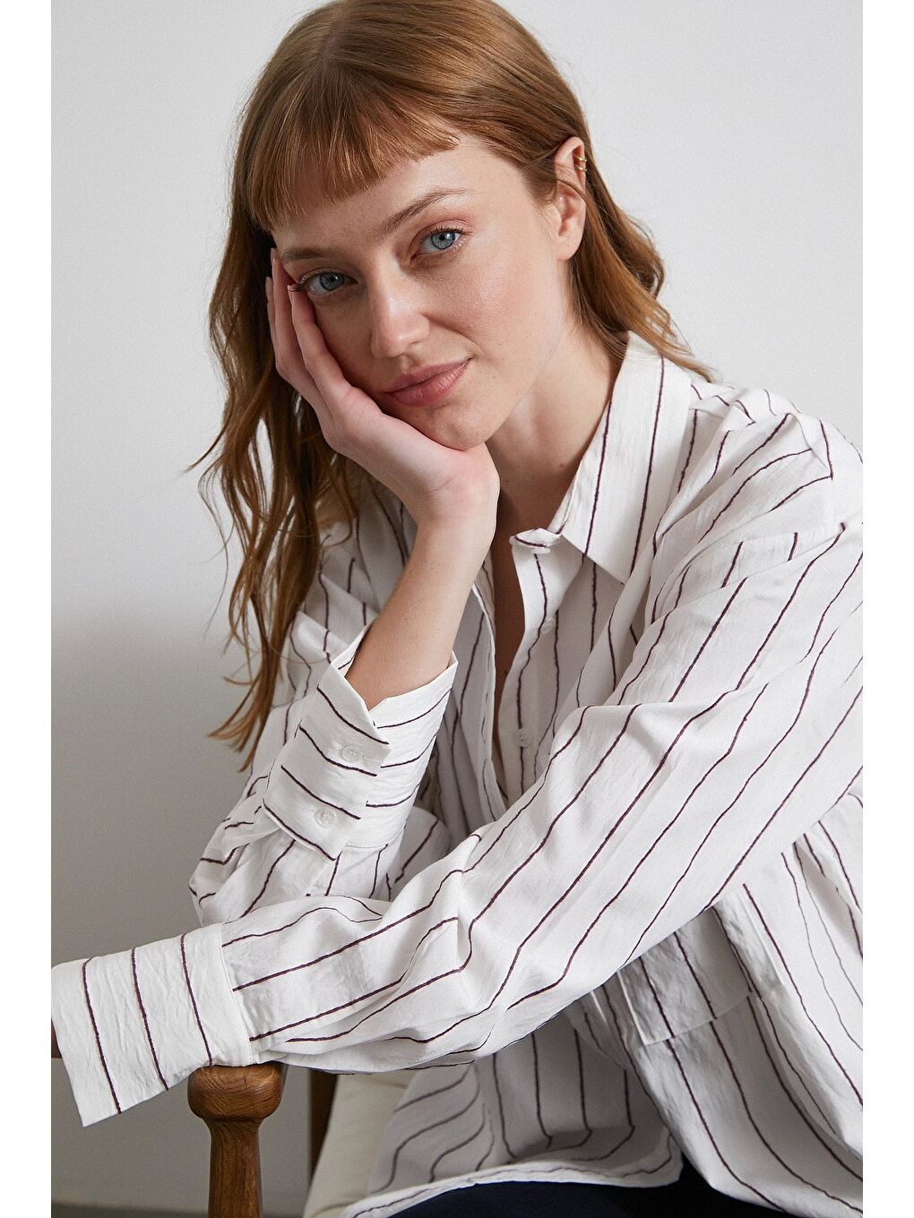 Kontrast Çizgili Gömlek Beyaz-2