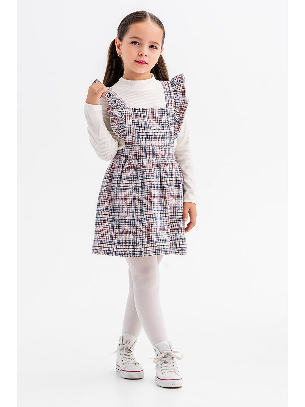 Mavi Kız Çocuk Ekose Desenli Salopet Takım 22681-2