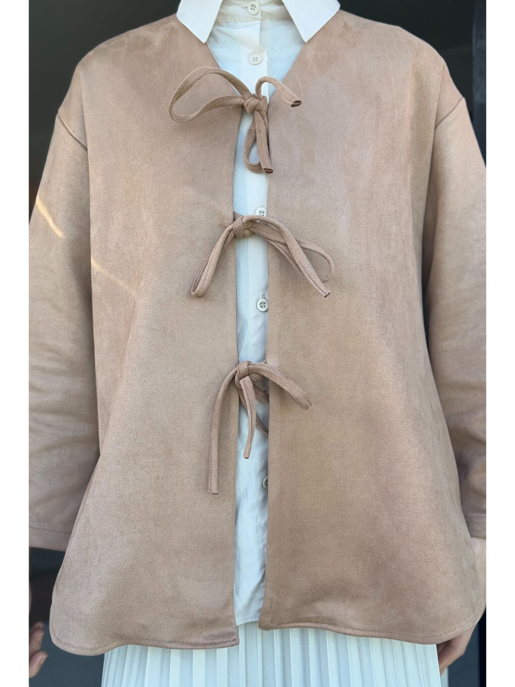 Ekru Kadın Ön Bağlamalı Tesettür Süet Ceket-5