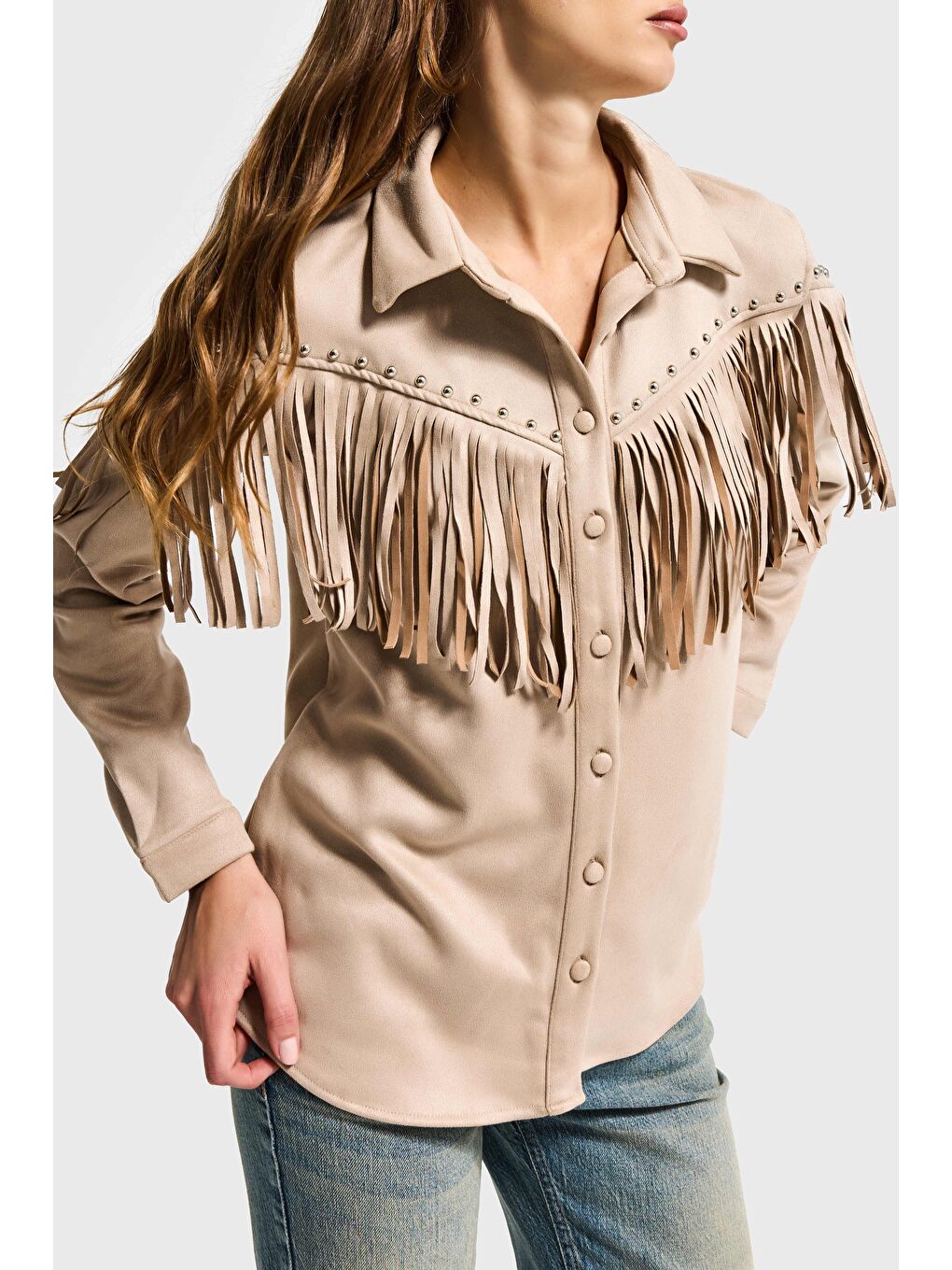 Bej Kadın Taş Renk Süet Kumaş Püskül ve Drop Detaylı Tasarım Gömlek Ceket