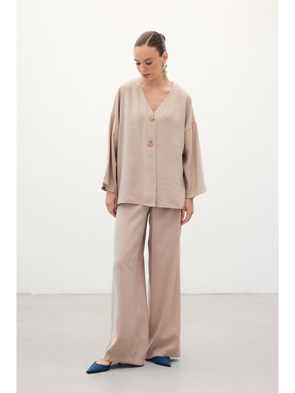 Bej Düğmeli Kimono - Taş-3