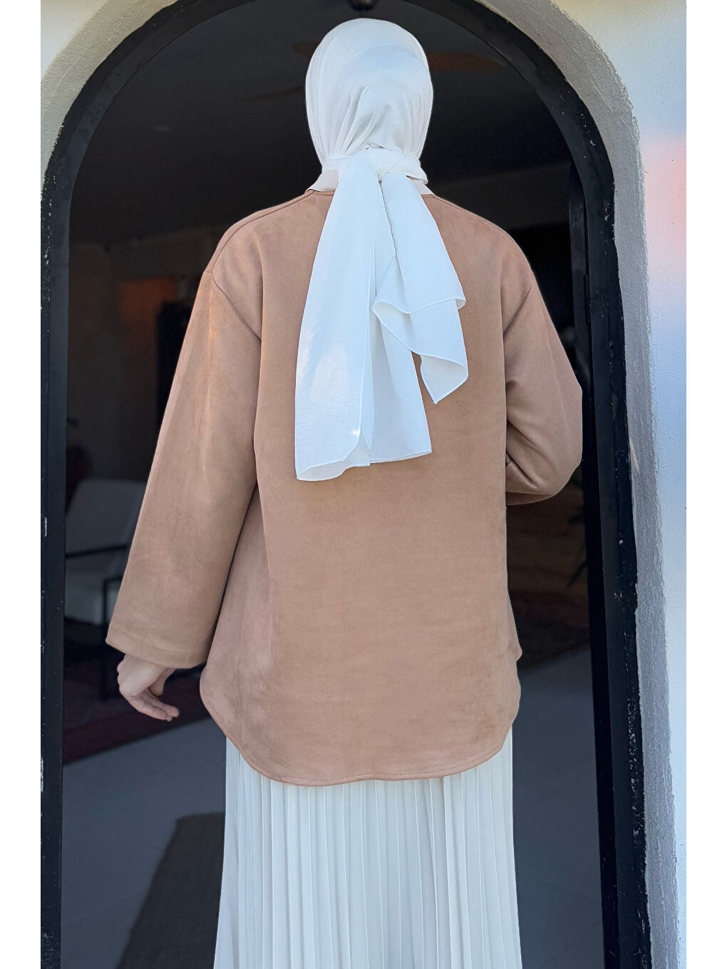 Ekru Kadın Ön Bağlamalı Tesettür Süet Ceket-6