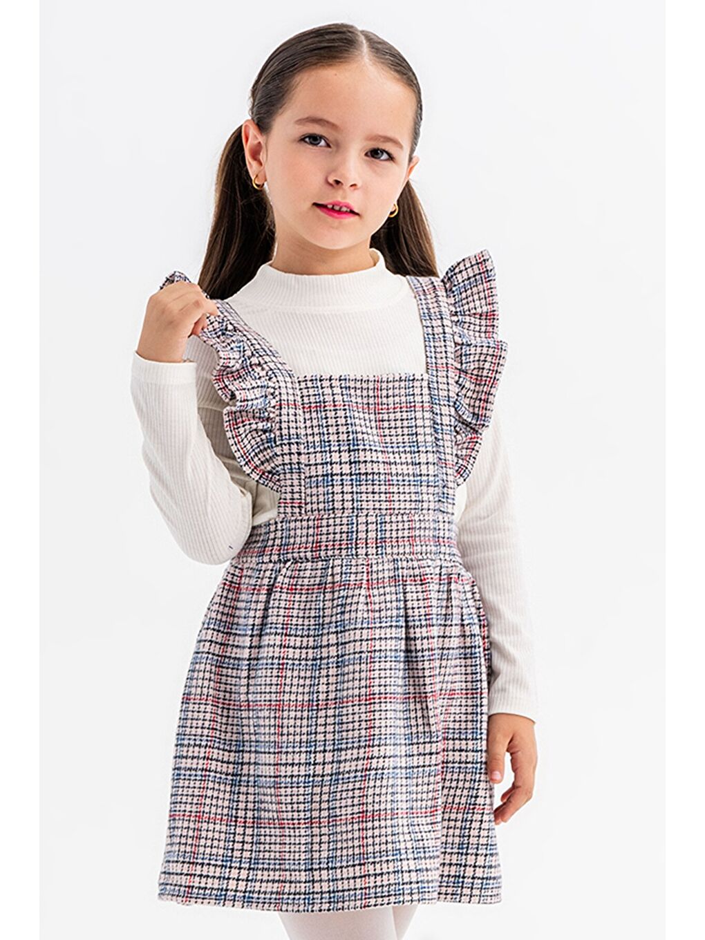 Mavi Kız Çocuk Ekose Desenli Salopet Takım 22681-3