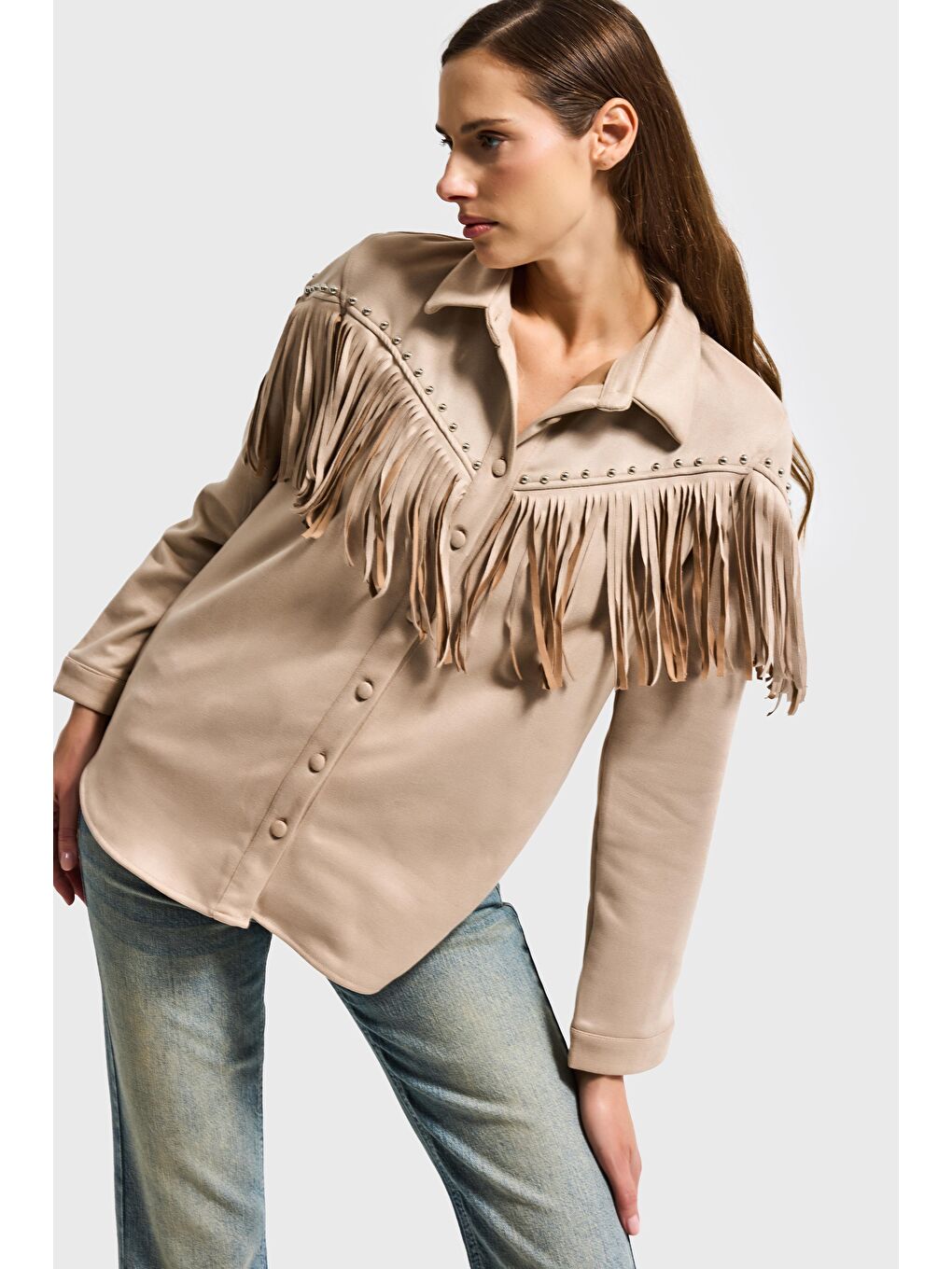 Bej Kadın Taş Renk Süet Kumaş Püskül ve Drop Detaylı Tasarım Gömlek Ceket-1