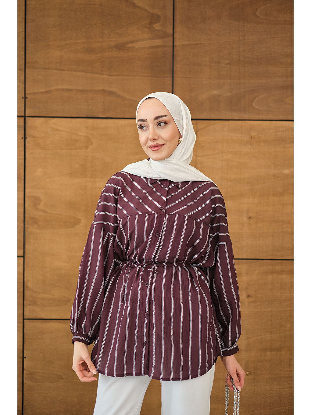 Kadın Çizgi Detaylı Salaş Gömlek Mürdüm-1