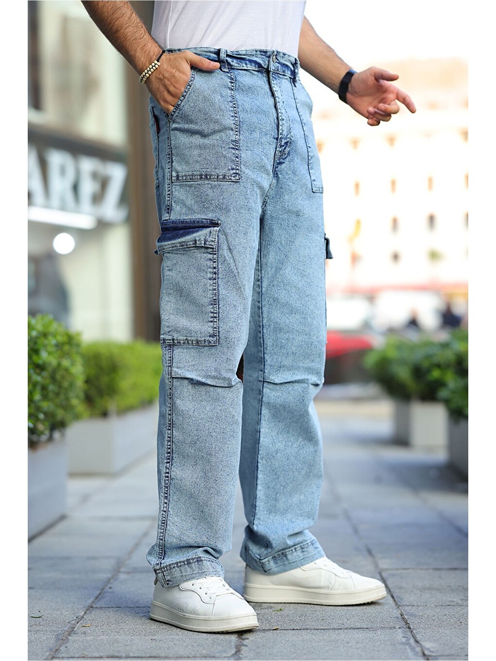 Beyaz Yan Cepli Kargo Baggy Pantolon-1