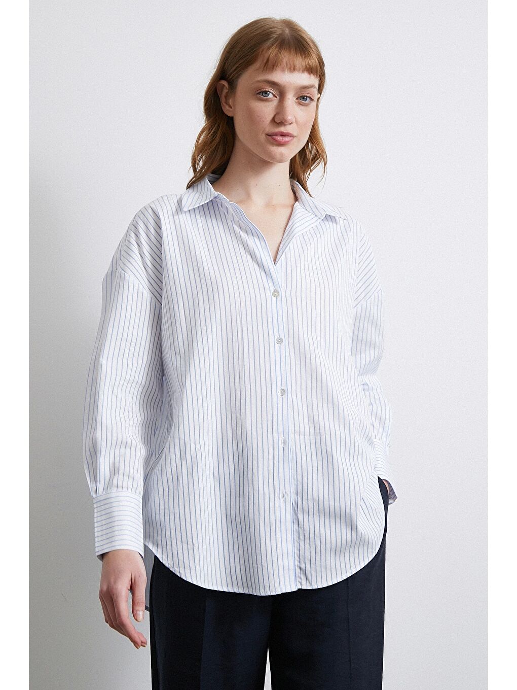 Kontrast Çizgili Gömlek Beyaz-5