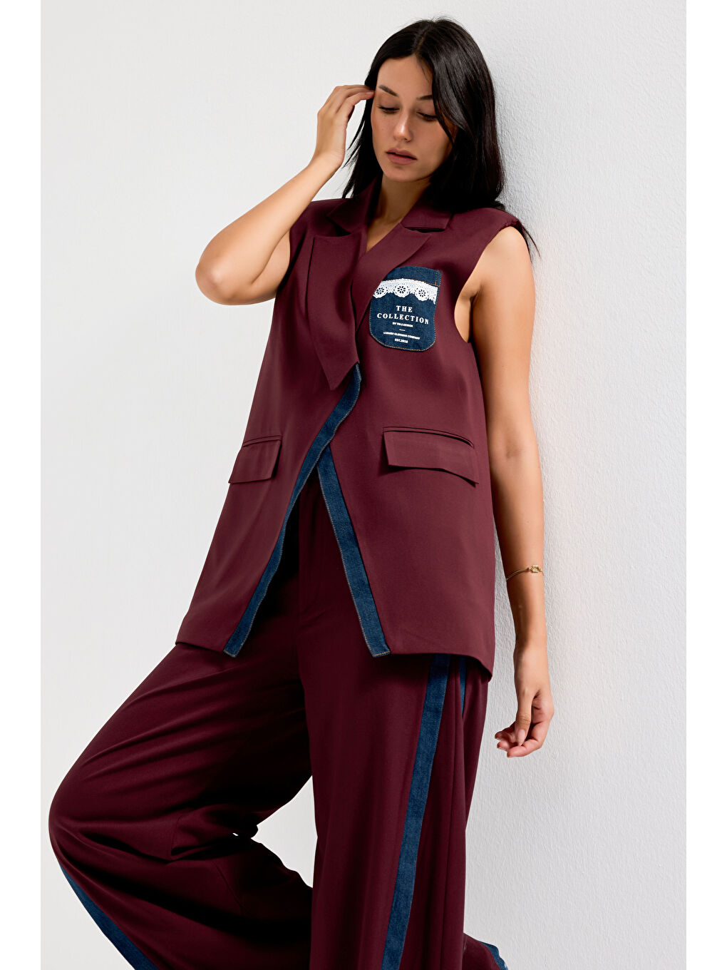 Kadın Bordo Renk Denim Parçalı Uzun Boy Özel Tasarım İçi Astarlı Yelek-1