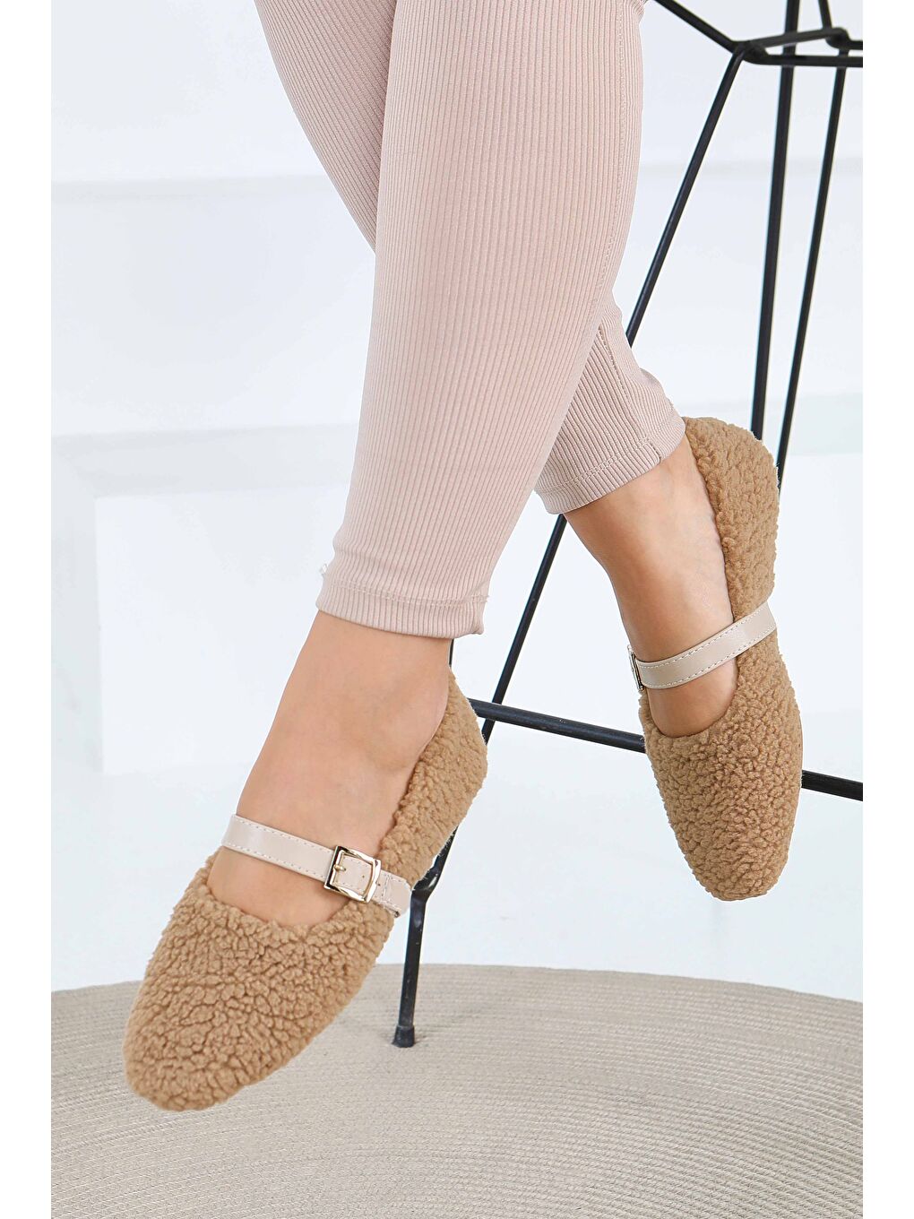 Kadın Bej Pelüş Kemerli Babet - 27792-BEJ-1