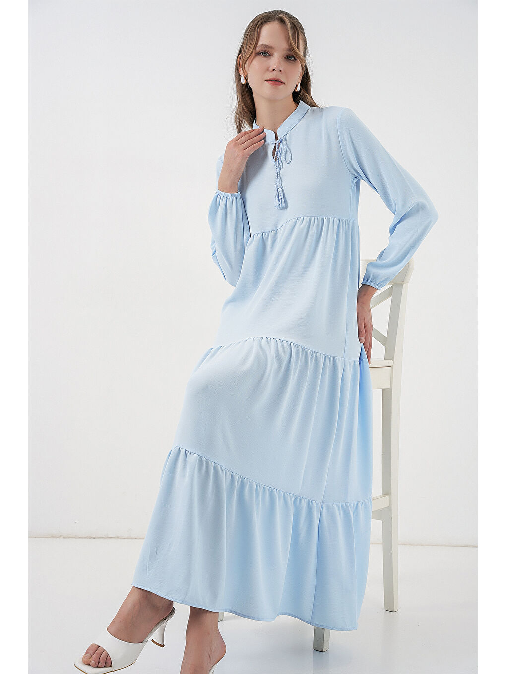 Bej T1627 Yaka Bağcıklı Elbise - B.Mavi-1