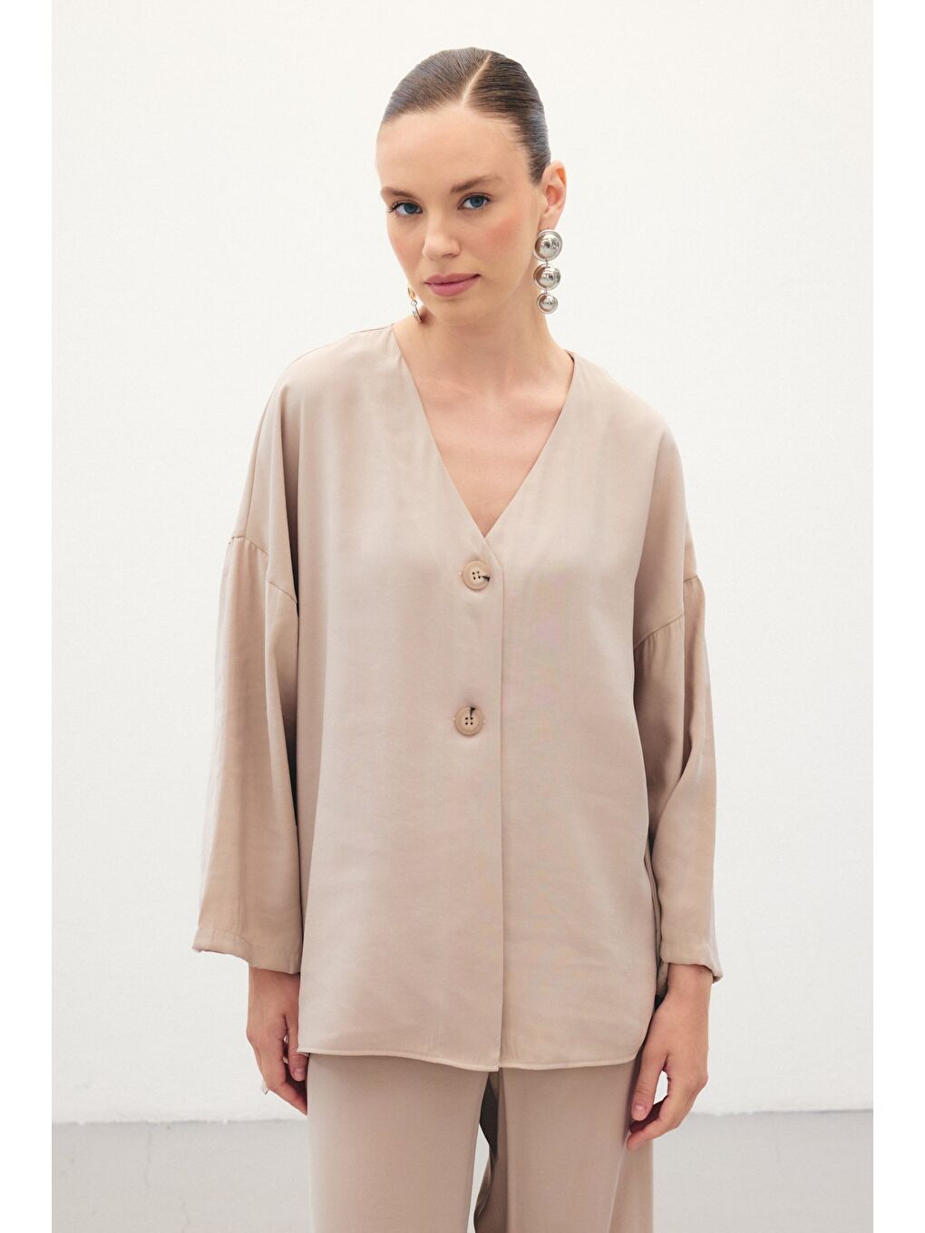 Bej Düğmeli Kimono - Taş-4