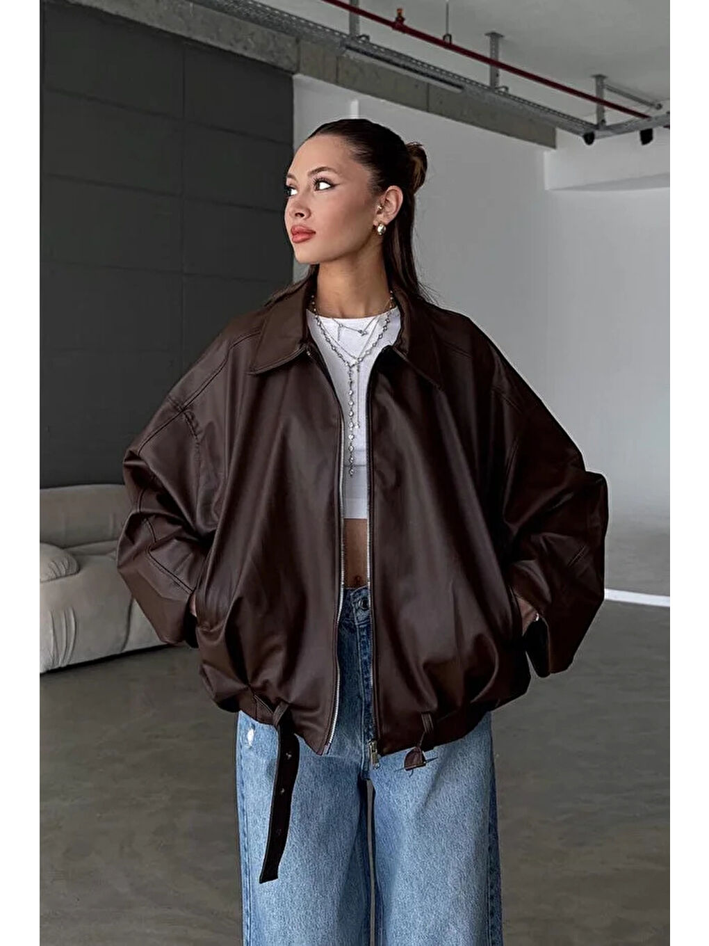 Kahverengi Kadın Kahve Deri Ceket 2788-2