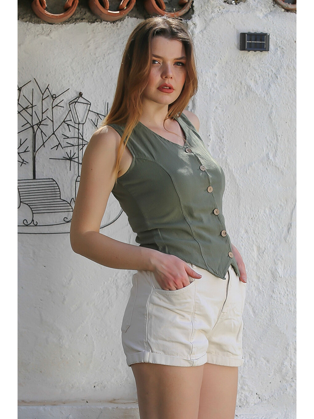 Haki V Yaka Düğmeli Yıkamalı Kulplu Casual Fitted Dokuma Yelek 55 45-3