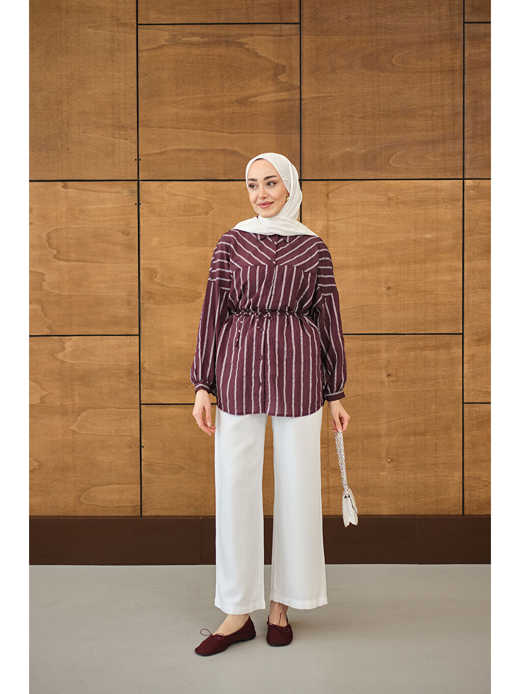 Kadın Çizgi Detaylı Salaş Gömlek Mürdüm-2