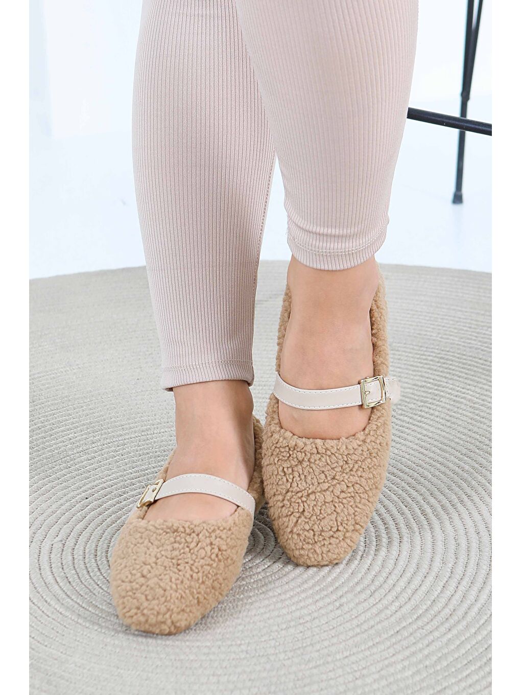 Kadın Bej Pelüş Kemerli Babet - 27792-BEJ-2