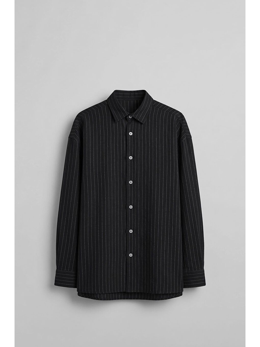 Erkek Oversize Çizgili Keten Karışımlı Uzun Kollu Gömlek Siyah