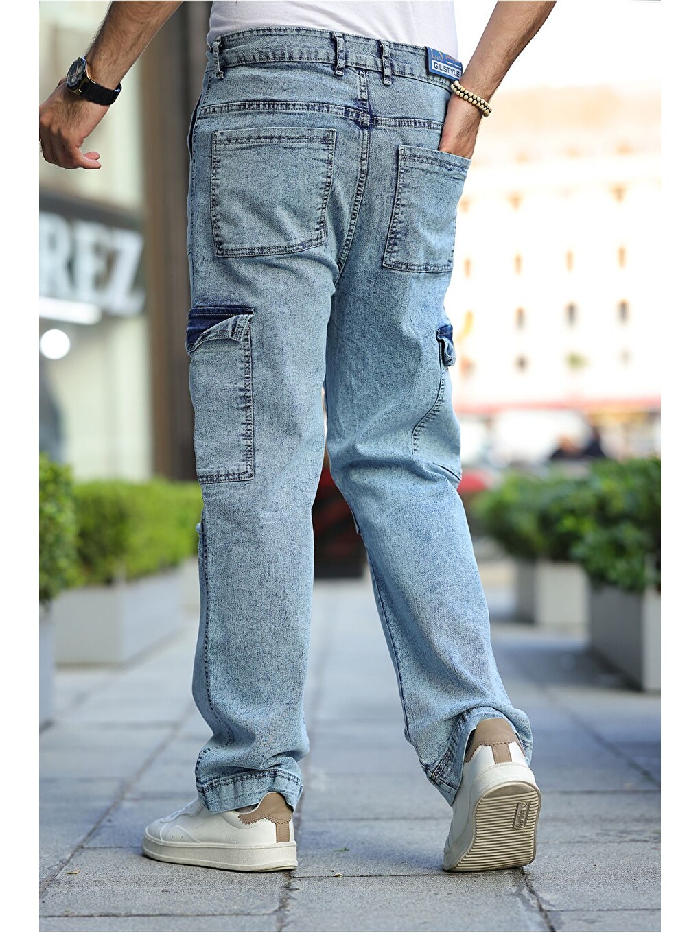 Beyaz Yan Cepli Kargo Baggy Pantolon-2